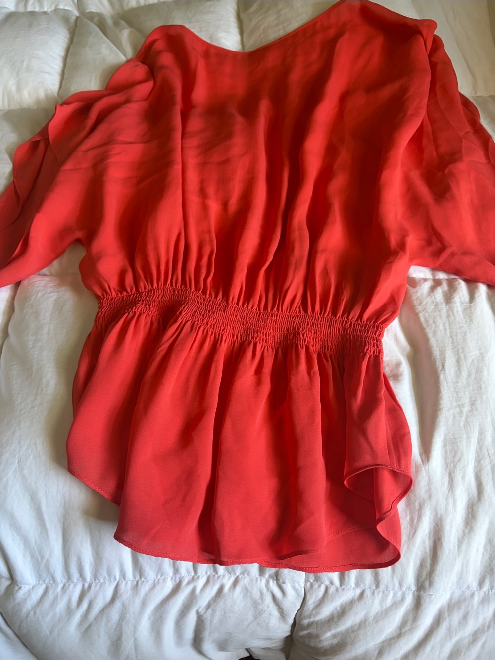 Parker Bright Red Button-Front Blouse with Smocked Waist - Picture 4 of 6